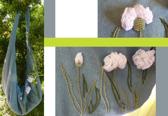 borsa con fiori all'uncinetto e ricamata a mano 