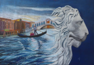 quadro a pastello raffigurante il leone del Pireo e Venezia