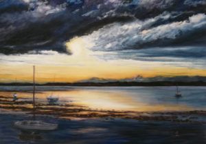 pastello raffigurante un tramonto scozzese con riflessi sulla foce di un fiume con la bassa marea